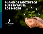Arte mostra em destaque a informação: PLANO DE LOGÍSTICA SUSTENTÁVEL 2025-2026. Na parte da direita a imagem de duas mãos juntas segurando uma muda de planta. E a logomarca da Justiça do Trabalho