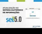 Imagem de fundo branco com elementos coloridos em azul e verde no topo. Ao centro, texto preto e imagem de tela de computador. Abaixo, logomarcas do SEI! 5.0 e do TRT-16.