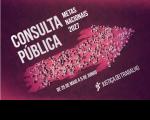 Arte feita com fundo na cor vinho. Ao centro a informação: CONSULTA PÚBLICA - Metas Nacional 2027. De 25 de maio a 5 de junho.