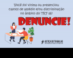 Imagem de fundo azul claro, tendo à esquerda ilustração de uma mulher em pé em conversação com um homem sentado à uma mesa, usando um notebook branco. No centro, texto preto com chamada para denúncia em vermelho.